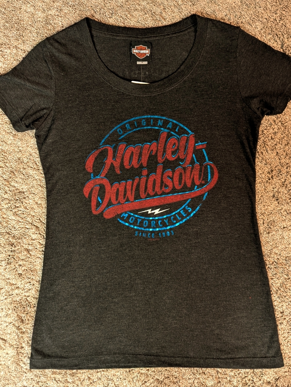 Women's Size medium Harley-Davidson Black Tee with Red Script and Blue Emblem